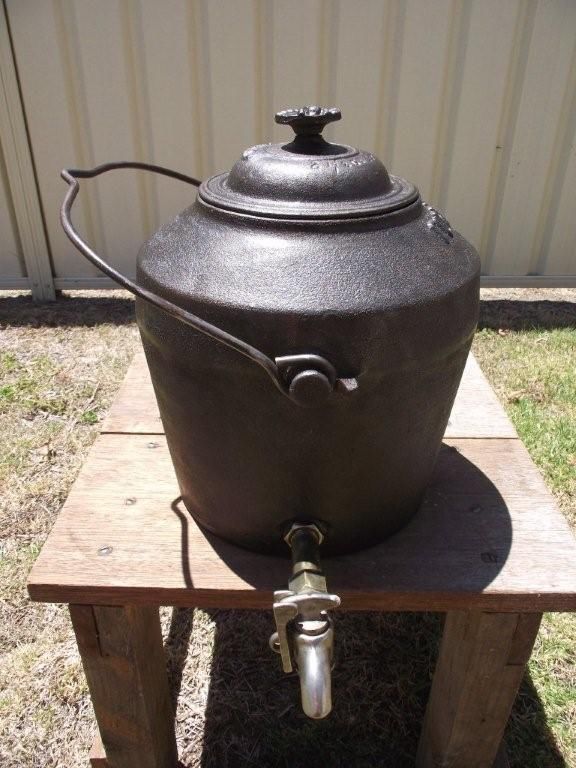 vintage old Cast Iron Kettle Pot - 3 gallon boiler kettle & tap T. HOLCROFT